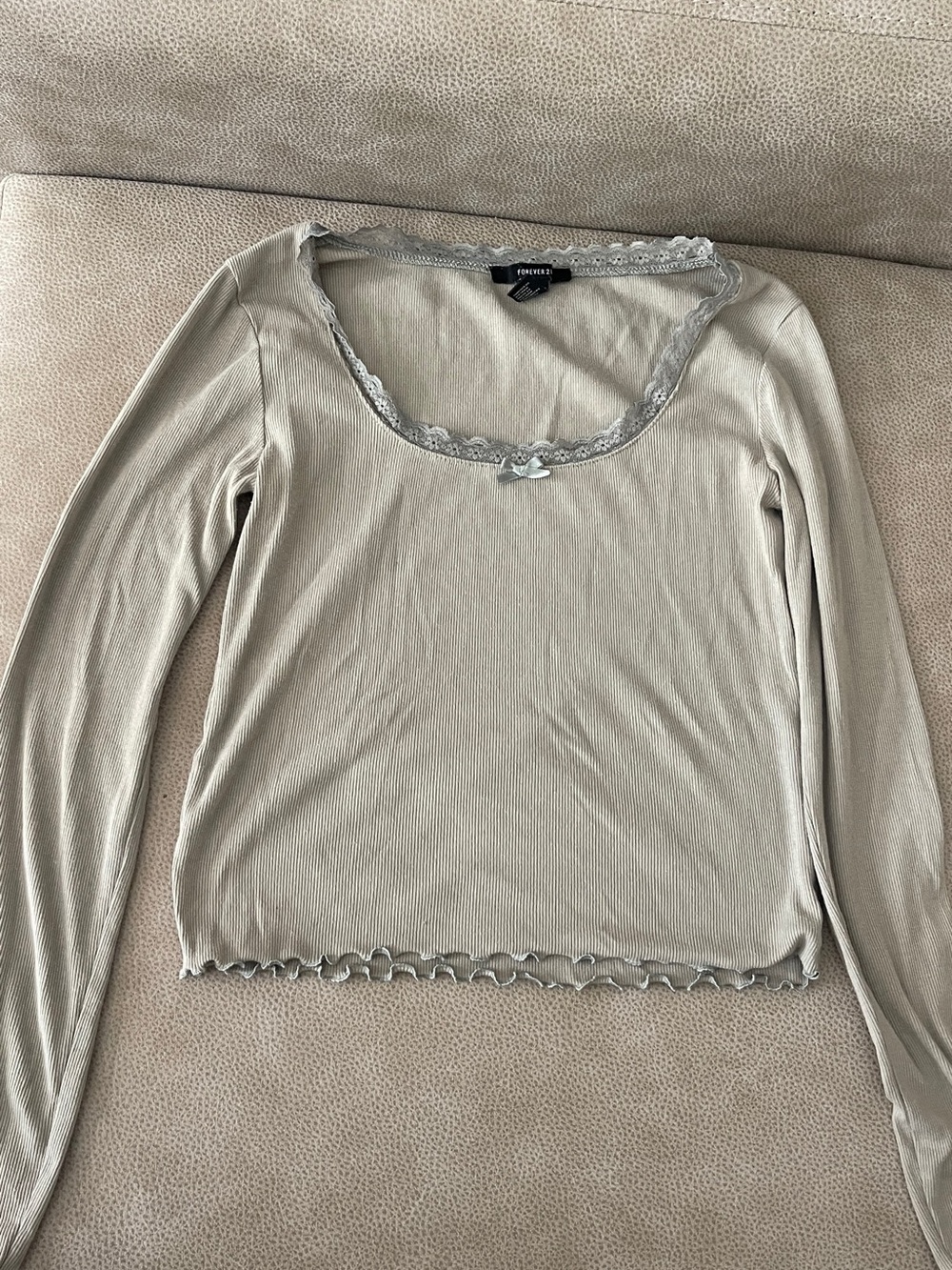 Forever 21 Beige Long Sleeve Lace-Trim Scoop Top